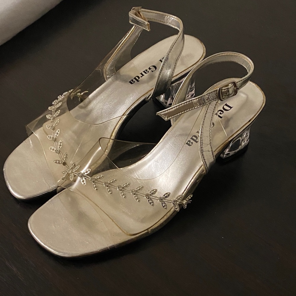 Women's Silver and Clear Heeled Sandals